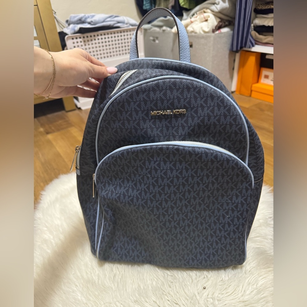 Michael Kors Abbey Monogram Backpack with Light Blue Trim